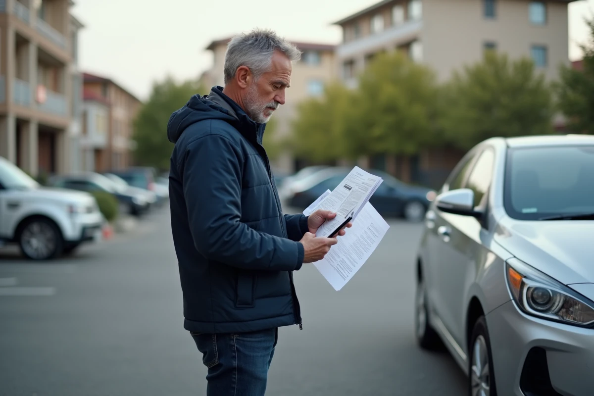 Homme consultant les avis clients en ligne sur son téléphone tout en tenant des papiers de carte grise devant sa voiture
