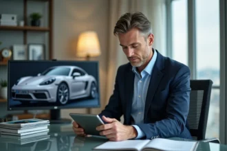 Homme d affaires en blazer bleu utilisant une tablette dans un bureau moderne