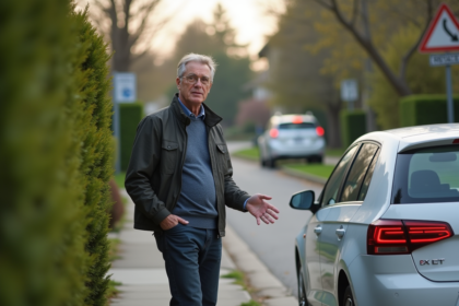 Homme d'âge moyen près de sa voiture dans une rue résidentielle