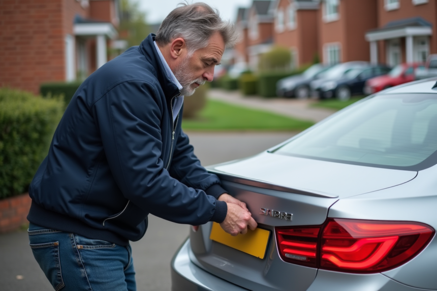 Homme en jeans et veste navy retire une plaque d'immatriculation
