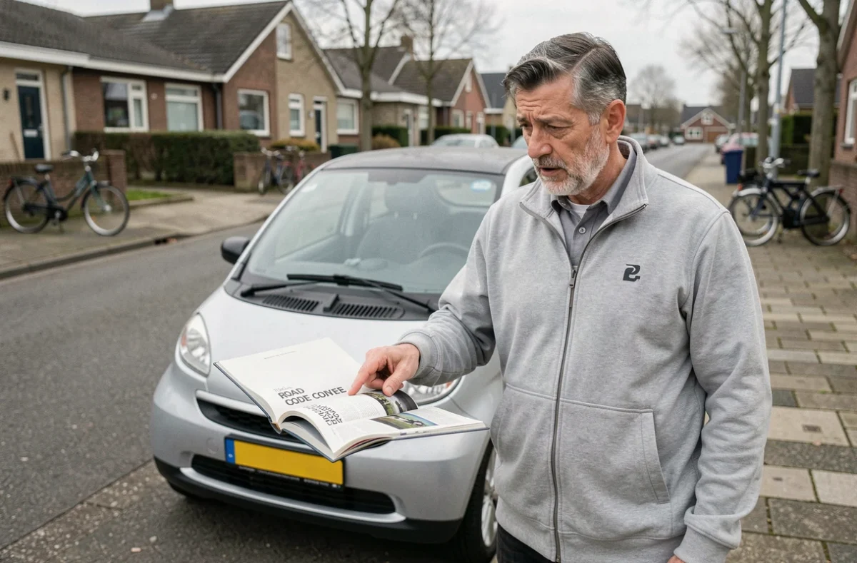 Homme consultant le code de la route à côté d'une voiture sans permis 4 places en ville