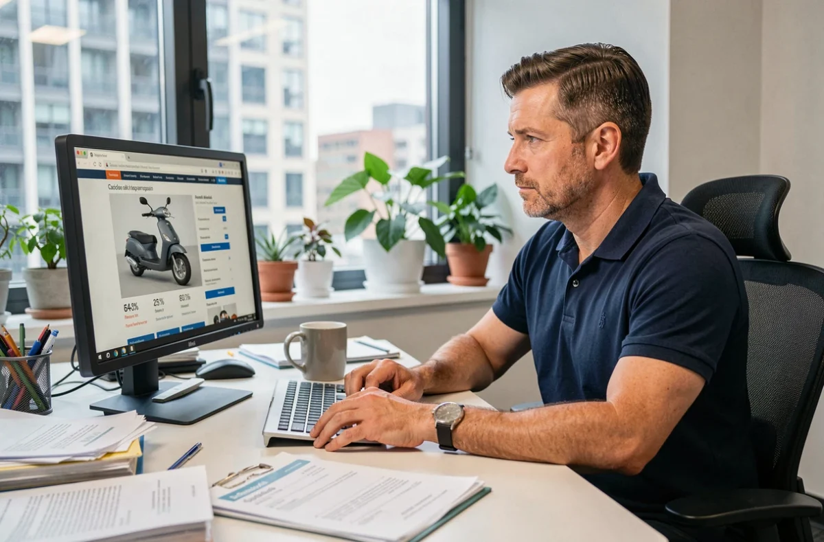 Homme comparant des offres d'assurance scooter en ligne sur un ordinateur de bureau dans un bureau moderne