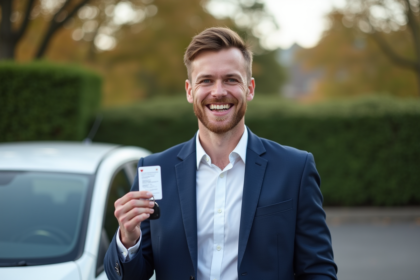 Homme souriant tenant son permis et clés voiture
