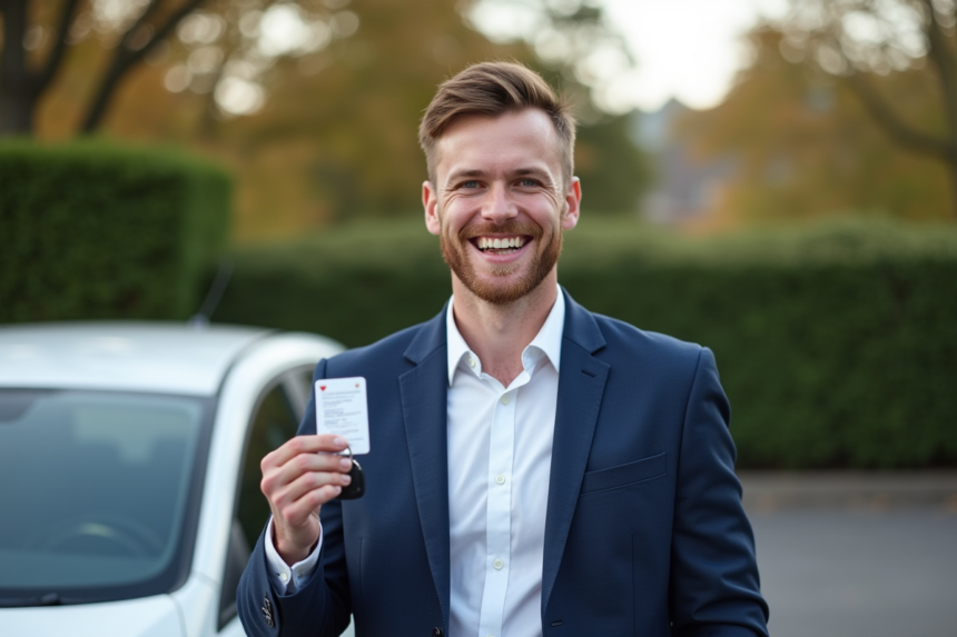 Homme souriant tenant son permis et clés voiture
