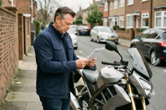 Homme consultant son contrat d'assurance moto à côté de sa moto dans une rue résidentielle