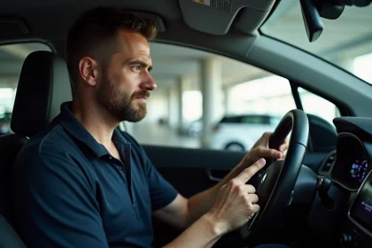 Homme regardant un tableau de bord de voiture avec avertissement