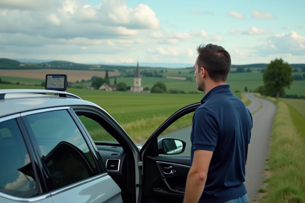 Homme consultant un GPS de voiture sur le tableau de bord d'un SUV garé en bordure d'une route rurale française