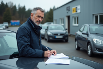 Homme signant des papiers d'importation voiture en Norvege