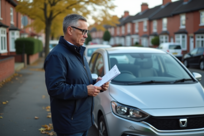 Homme inquiet avec voiture endommagee devant maison