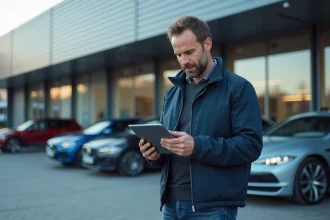 Homme en extérieur lisant des nouvelles auto sur tablette
