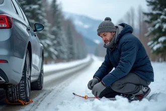 Homme en parka noire fixant des chaînes neige sur une voiture