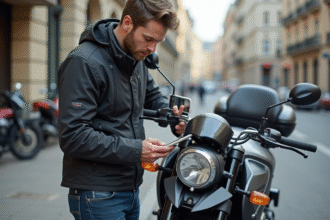 Jeune homme attachant son smartphone sur une moto en ville