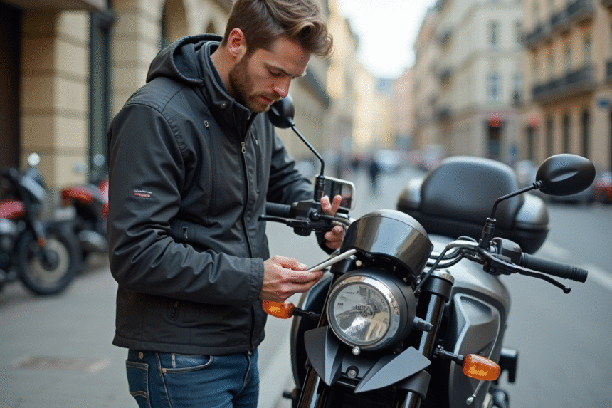 Jeune homme attachant son smartphone sur une moto en ville