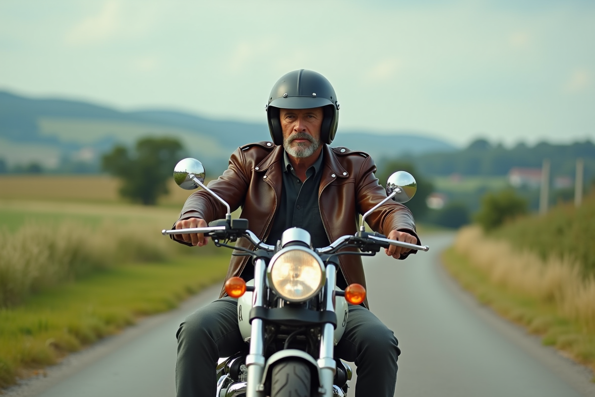 Homme en moto dans un paysage rural français