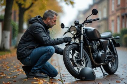 Homme en équipement moto dans une rue urbaine automnale
