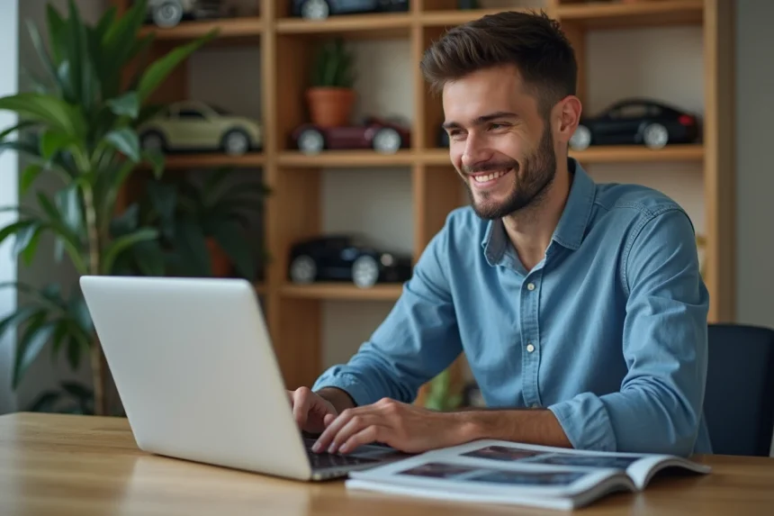 Jeune homme concentré sur un site auto sur son ordinateur