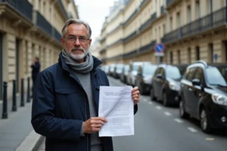 Homme français avec contravention dans une rue parisienne