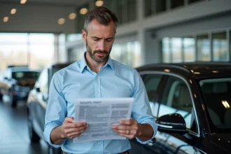 Homme d'âge moyen étudiant un rapport de fiabilite voiture
