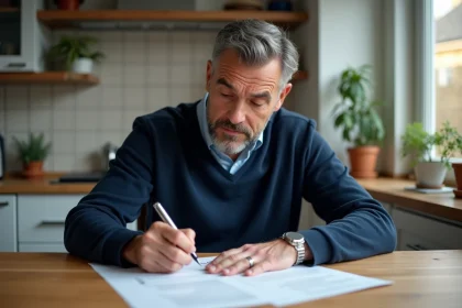 Homme d'âge moyen remplissant un formulaire de cession de véhicule