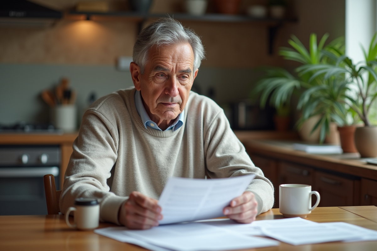 Homme retraité examine documents d