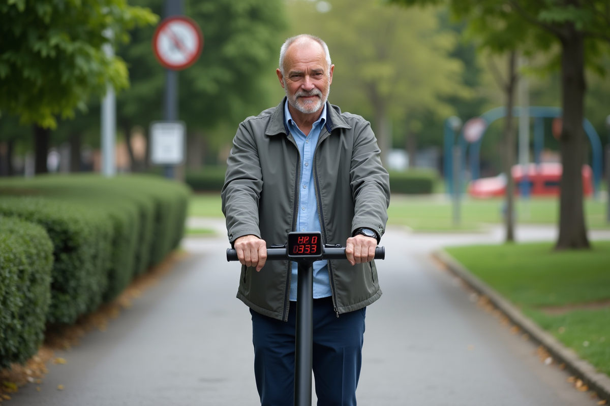Homme vérifiant la vitesse sur son scooter au parc