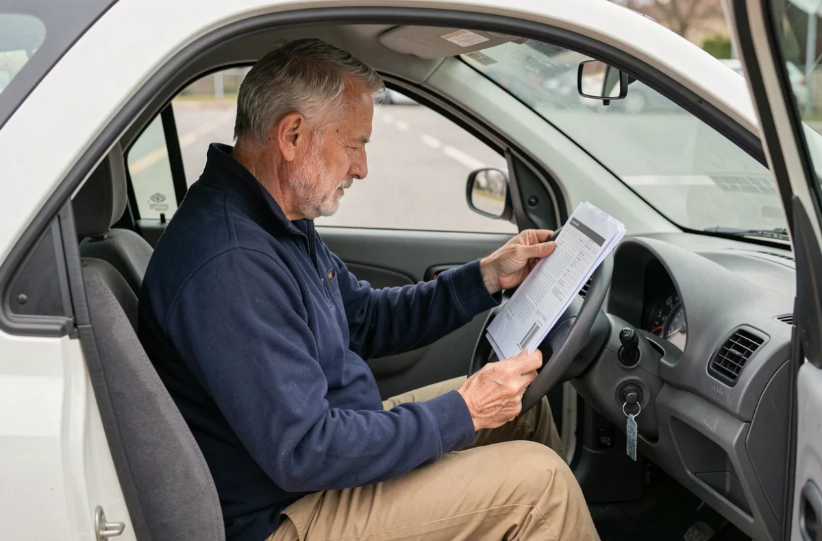 Homme senior consultant des documents dans une voiture sans permis d'occasion dans le Haut-Rhin