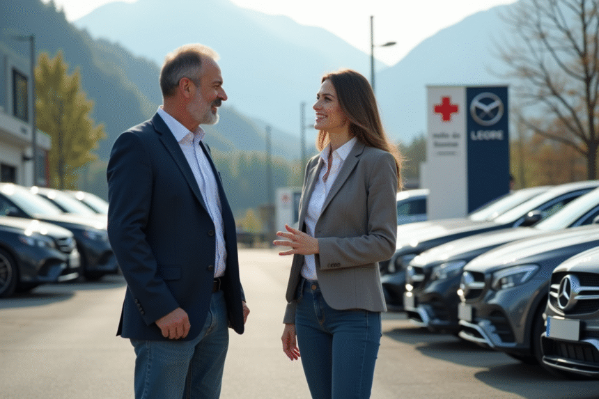 Homme d'âge moyen discutant avec une vendeuse de voitures en Suisse