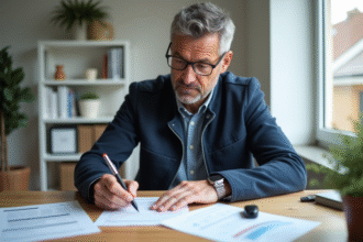 Homme d'âge moyen remplissant papiers de vente voiture