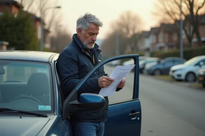 Homme d'âge moyen vérifiant un document de voiture devant sa voiture
