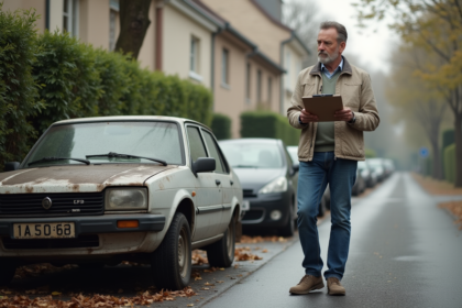 Homme d'âge moyen près d'une vieille voiture abandonnée