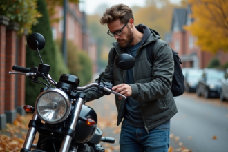 Homme examinant la plaque VIN d'une moto en extérieur automnal