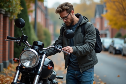 Homme examinant la plaque VIN d'une moto en extérieur automnal