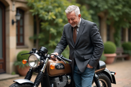 Homme d'âge moyen polissant une moto vintage dans un jardin