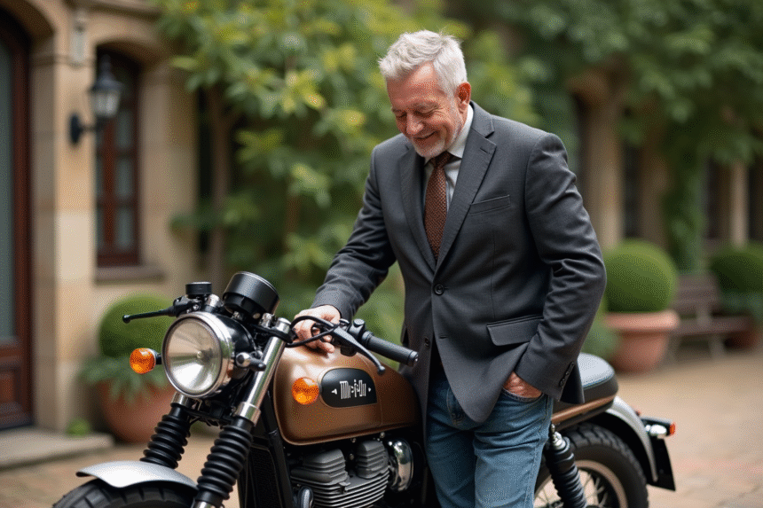 Homme d'âge moyen polissant une moto vintage dans un jardin