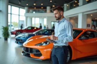 Homme en tenue smartcasual examinant une voiture sportive en showroom