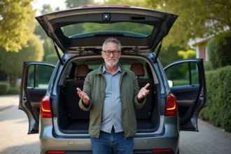 Homme devant un véhicule avec coffre spacieux ouvert
