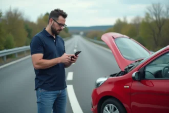 Homme vérifiant le moteur d'une voiture sur l'autoroute