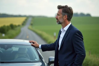 Homme en blazer regardant la voiture de luxe en campagne