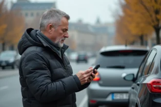 Homme d'âge moyen examinant une plaque d'immatriculation française à côté de sa voiture