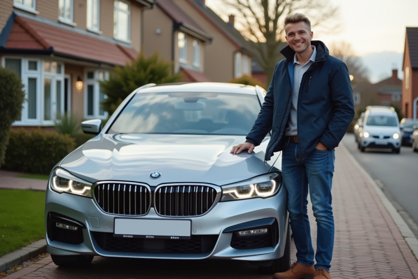 Homme souriant attachant une plaque d'immatriculation personnalisée à sa voiture