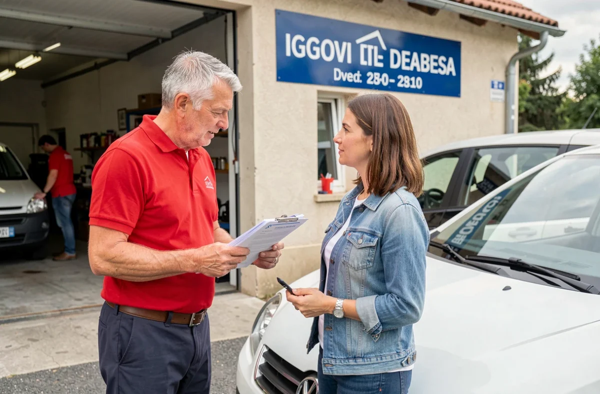Mécanicien d'Igoville Auto discutant d'un rapport d'inspection avec une cliente devant le garage en Seine-Norman