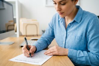 Jeune femme remplissant un dossier d'inscription au permis de conduire dans un bureau administratif