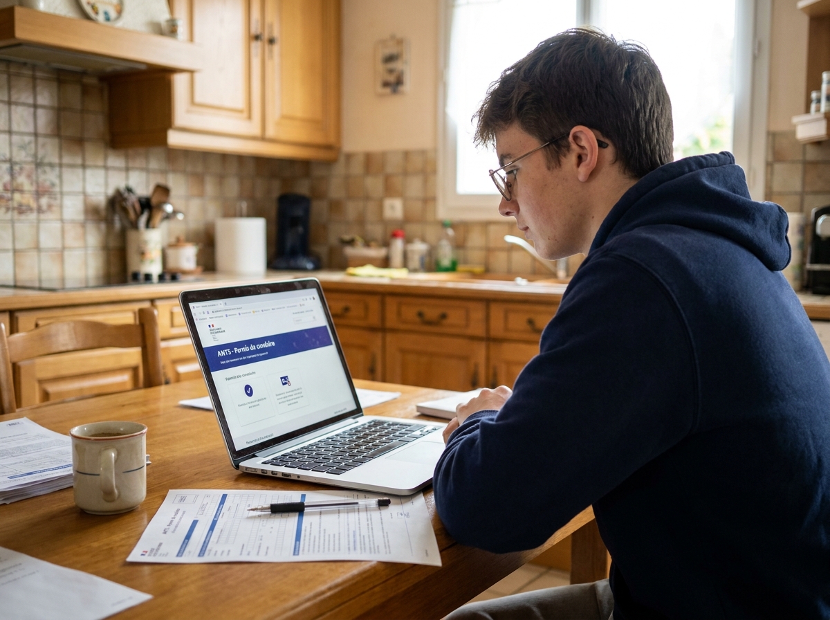 Étudiant s'inscrivant au permis de conduire en ligne depuis son domicile avec un ordinateur portable