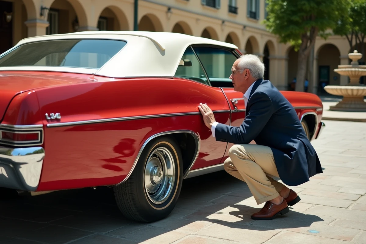 Un homme français inspecte attentivement la carrosserie d'une Chevrolet Impala 1967 4 portes rouge sur une place de village provençal