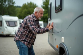 Homme inspectant une caravane d'occasion sur un terrain