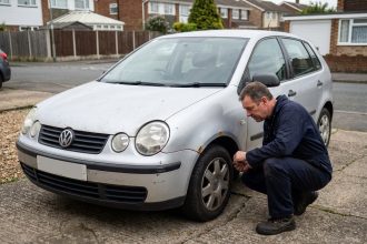 Mécanicien inspectant la carrosserie d'une Volkswagen Polo 4 d'occasion pour détecter rouille et défauts de peinture