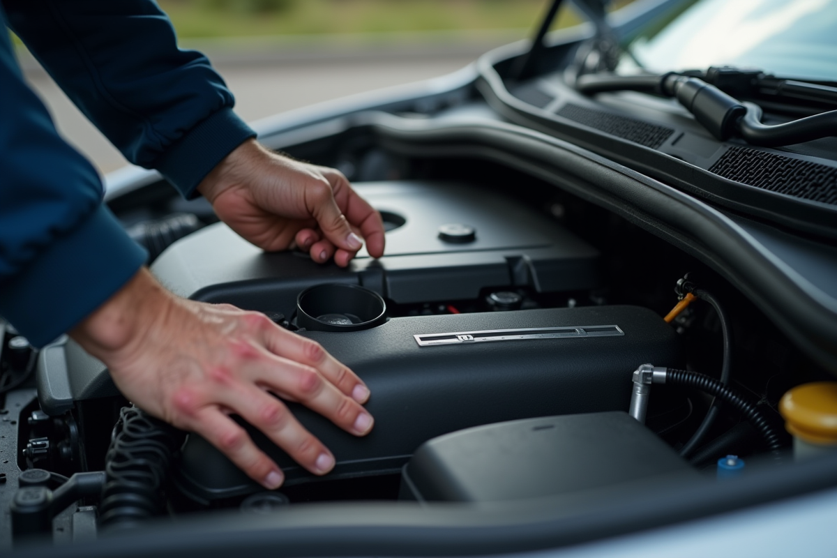 Personne inspectant le moteur d