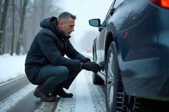 Homme vérifiant la bande de roulement d'un pneu hiver en extérieur
