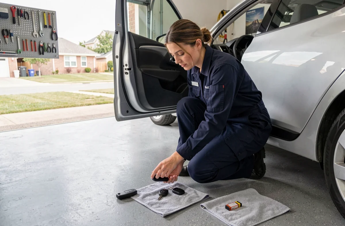 Femme mécanicienne inspectant une télécommande Clio 4 démontée dans un garage avec pile CR2032 posée au sol