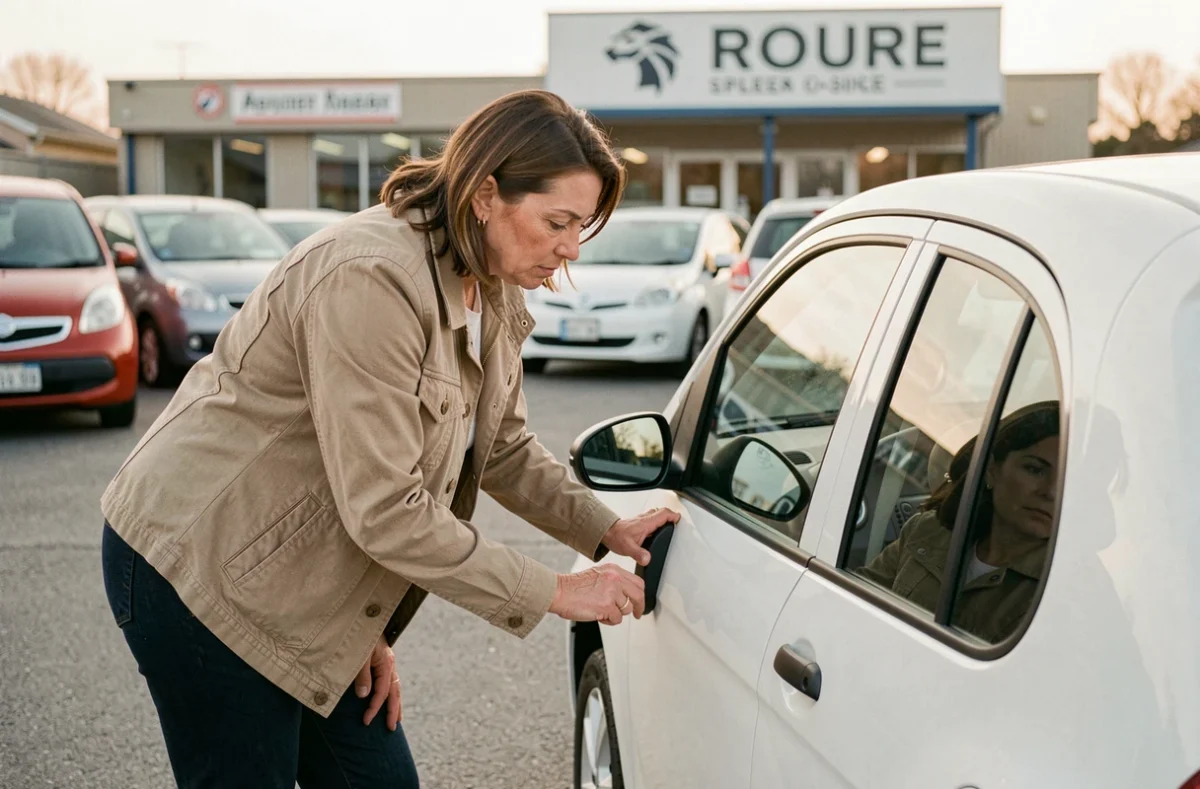 Femme inspectant une voiture sans permis d'occasion dans un garage du Haut-Rhin
